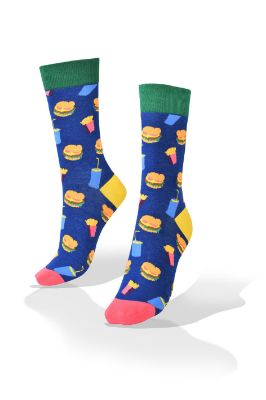 Picture of Hamburger and Drinks on Blue Socks