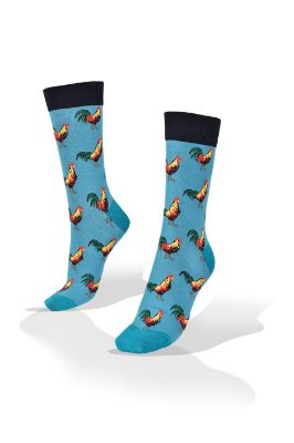 Picture of Rooster on Blue Socks 