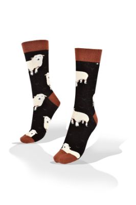 Picture of White Sheep on Black and Brown Socks 