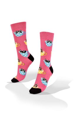 Picture of Cats on Tea Cups on Pink Socks