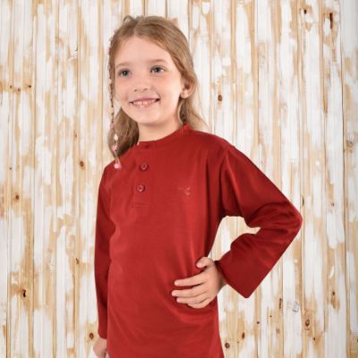 Picture of 100% Cotton Cherry Red Henley Long Sleeve T Shirt