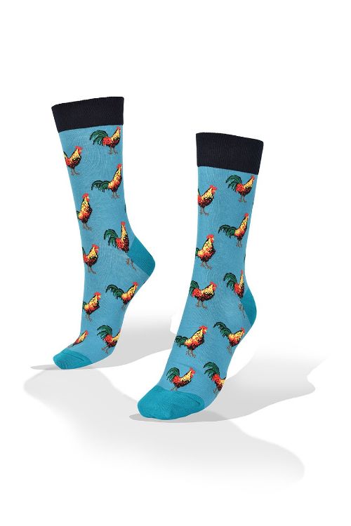 Picture of Rooster on Blue Socks 