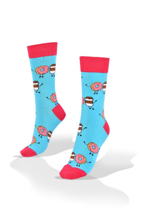 Picture of Donuts and Coffe on Blue Socks